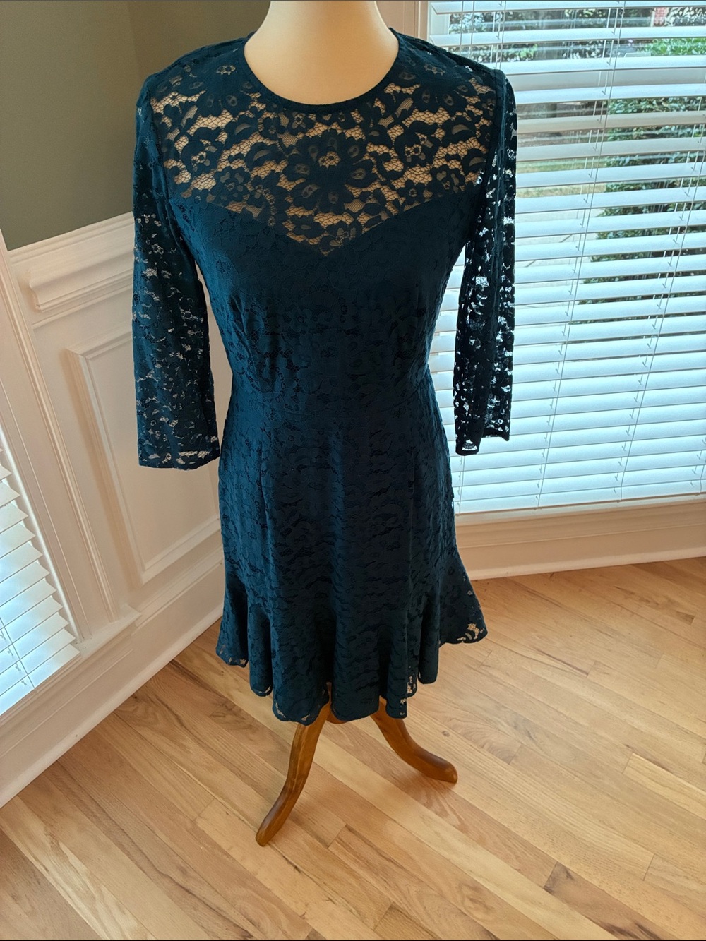 Trina Turk Teal Lace Fit-and-Flare Long Sleeve Dress